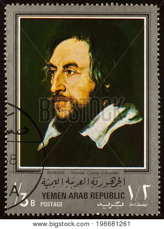 Moscow Russia - July 24 2017: A stamp printed in Yemen Arab Republic shows portrait of Thomas Comte d'Arundel by Rubens series 