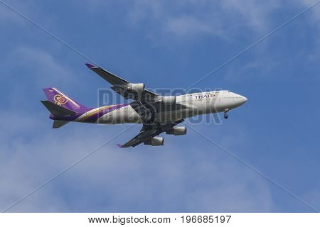 BANGKOK THAILAND - JULY 222017 : thai airway airbus a380 registration : hs-tgg approach for landing to savarnabhumi airport