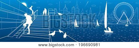 Stairs at the river embankment, people on steps. Yachts on the water. Doves are sitting parapet. Evening city in the background. Ferris wheel. vector design art