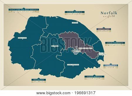 Modern Map - Norfolk County With District Labels And Cities Uk Illustration
