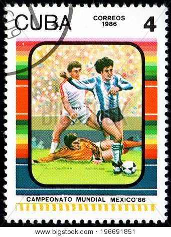 UKRAINE - CIRCA 2017: A postage stamp printed in Cuba shows Football Player's from series FIFA World Cup 1986 - Mexico circa 1986
