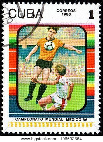 UKRAINE - CIRCA 2017: A postage stamp printed in Cuba shows Football Player's from series FIFA World Cup 1986 - Mexico circa 1986