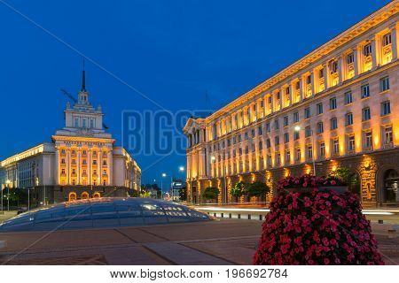 SOFIA, BULGARIA - JULY 21, 2017: Night photo of Buildings of Presidency and Former Communist Party House in Sofia, Bulgaria