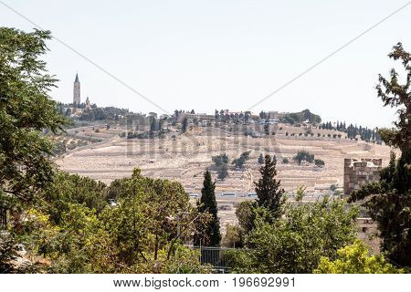 View of the Mount of Olives Jerusalem Cemetery from the Dung Gate in the old tow in Jerusalem Israel