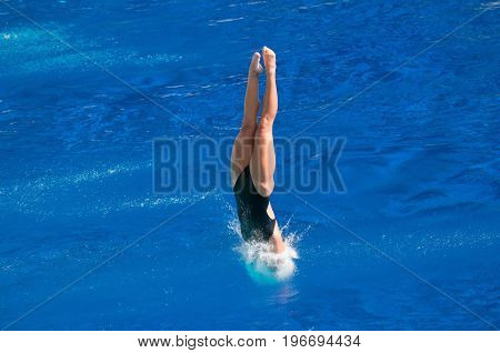 Young woman diving in to the swimming pool high angle view