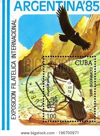 UKRAINE - CIRCA 2017: A postage stamp printed in Cuba shows bird Andean Condor Vultur gryphus from series Philatelic Exhibitions circa 1985