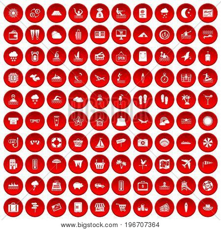 100 seaside resort icons set in red circle isolated on white vector illustration