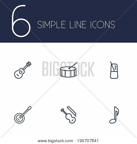Collection Of Musical Sign, Pace, Percussion And Other Elements.  Set Of 6 Melody Outline Icons Set.