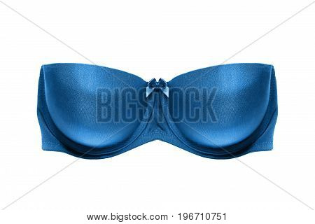 Blue satin strapless balconette bra on white background