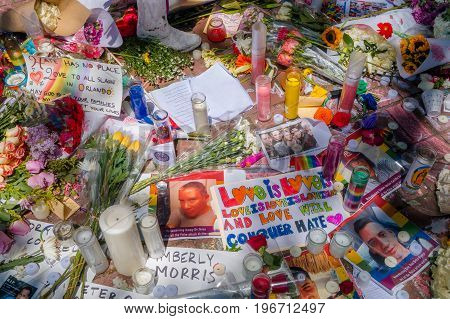 ORLANDO, USA - MAY 05, 2017: Place where Omar Mateen, killed 49 people and wounded 53 others in a terrorist attack hate crime in a gay nightclub in Orlando, Florida, United States.