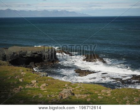 Grassy Sea Shore With Mountain Background