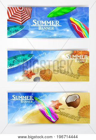 colorful umbrella floating surfing boards and water top view banner set vector illustration