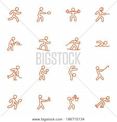 Collection Of American Football, Swordplay, Gymnastic And Other Elements.  Set Of 16 Athletic Outline Icons Set.
