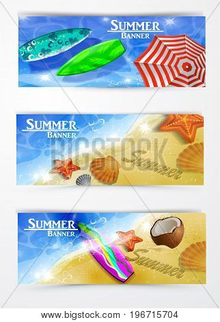colorful umbrella floating surfing boards and water top view banner set vector illustration