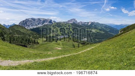 Nassfeld in Carnic Alps with mountain Rosskofel and Trogkofel in the summer in Austria Europe