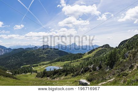 View from Gartnerkofel on Nassfeld to Julian Alps in Italy in summer