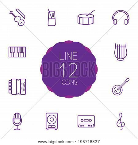 Collection Of Record, Pace, Note And Other Elements.  Set Of 12 Song Outline Icons Set.