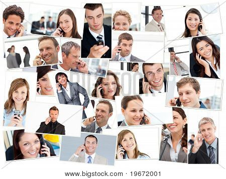 Collage di uomini d'affari avendo conversazione telefonica