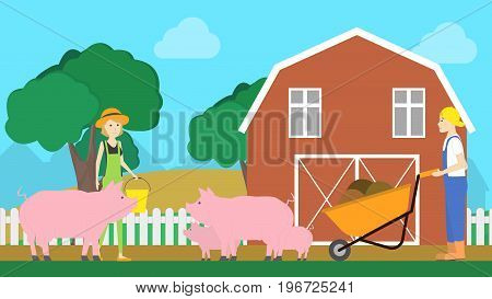 Pigs on farm. People with pigs and barn ourside. Blue sky and happy farming.