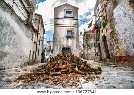 domestic heating firewood old in south italy village Vico del Gargano in Apulia