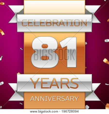 Realistic Eighty one Years Anniversary Celebration Design. Silver and golden ribbon, confetti on purple background. Colorful Vector template elements for your birthday party. Anniversary ribbon