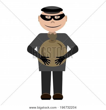A cartoon thief wearing a black mask and a cap with a bag of money in his hands. Bandit holds a cute bag vector character in a flat style