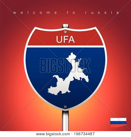 An Sign Road America Style with state of Russia with Red background and message UFA and map vector art image illustration