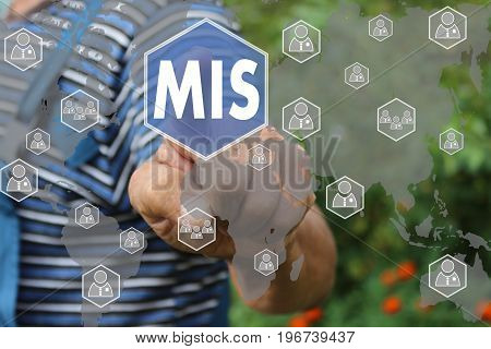 Farmer Businessman Pushes A Button Mis, Management Information System On The Touch Screen