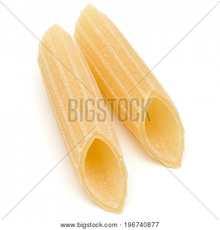 Italian pasta isolated on white background. Pennoni. Penne rigate.