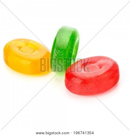 Three colorful fruit hard sugar candies,  boiled sweeties or sugar plums isolated on white background cutout