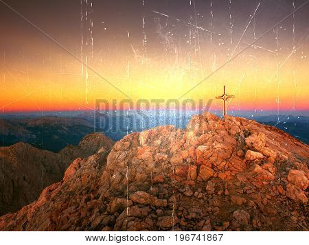 Film Effect. Lens Flare Light, Strong Effect.  Cross On Peak Of Hoher Goell. Iron Crucifix At Mounta