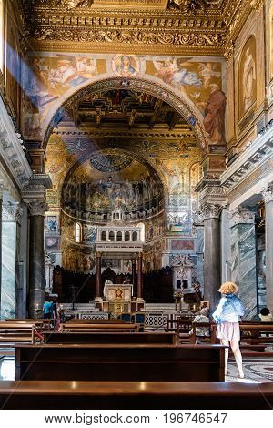 Rome Italy - August 18 2016: Interior view of church of Santa Maria in Trastevere. It is a titular minor basilica in the Trastevere district of Rome and one of the oldest churches of Rome