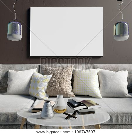 Mock up poster in interior with coffee table and sofa. living room. resting place. modern style. 3d illustration