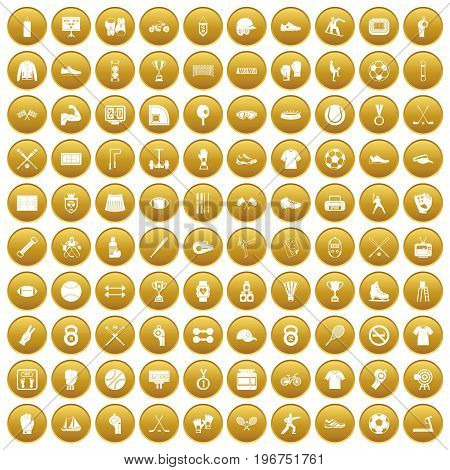 100 athlete icons set in gold circle isolated on white vector illustration