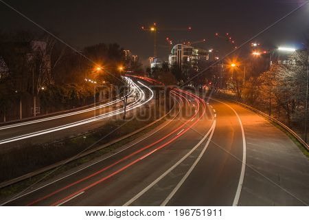 the freeway B7 near Dusseldorf at night in long time exposure