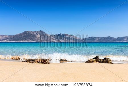 Beautiful blue and turquoise waters at Plateia Pounta beach at Koufonisia Islands, Greece