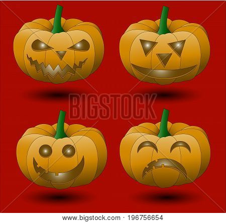 Halloween pumpkins in vector with set of different faces for icons and decorations in red  background