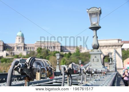 Padlocks on the chain bridge of Budapest