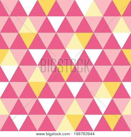 Vector pink and yellow triangle texture seamless repeat pattern background. Perfect for modern fabric, wallpaper, wrapping, stationery, home decor projects. Surface pattern design.