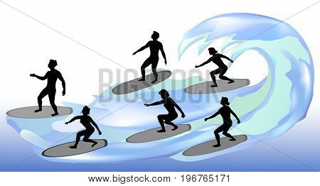 Silhouettes of surfers on waves. Boys and girls surf on the water