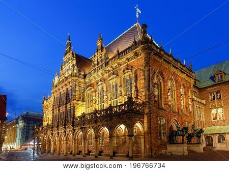 Old medieval market square in the historic part of the city. Bremen. Town Hall. Germany. Bavaria.