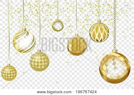 Vector golden xmas background abstract. Christmas ball snow ornaments set isolated. Christmas decoration with xmas magiclights and bokeh. New year gold effect decoration background.