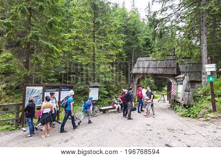 ZAKOPANE POLAND - AUGUST 3 2015: Entrance to the National Park Dolina Bialego (engl: White Valley) - the valley near Zakopane city in Western Tatras Poland