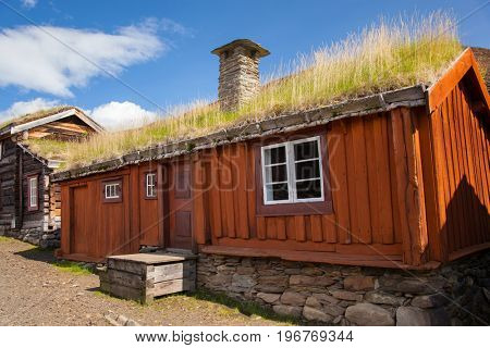 Traditional houses of copper mines town of Roros, Norway