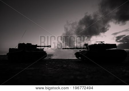 War Concept. Military Silhouettes Fighting Scene On War Fog Sky Background, World War German Tanks S