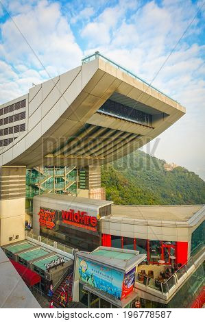 HONG KONG, CHINA - JANUARY 22, 2017: View of the Peak Tower in Hong Kong a top Victoria Peak. At 428 meters above sea level, this iconic landmark features the highest viewing platform in Hong Kong.