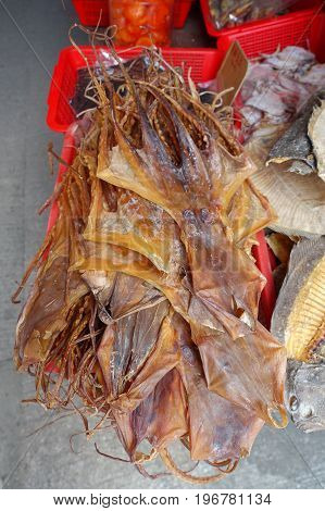 Fresh dried squid, seafood in a market in fishermen town in lantau, Hong Kong, China.