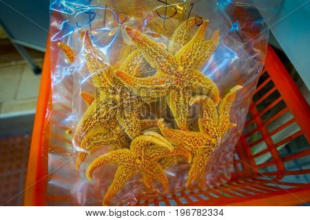 Dry sea stars inside of a plastic bags, in an orange baskets, in a market in fishermen town in lantau, Hong Kong, China.