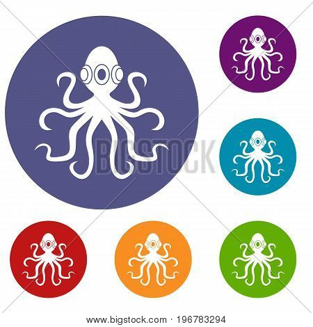 Octopus icons set in flat circle red, blue and green color for web