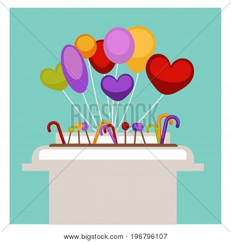 Lollipops candy canes and children air balloons on shop stand in dessert grocery store. Vector flat design for supermarket shopping